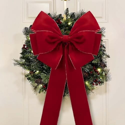 4 Pcs Large Christmas Bow, 35" x 17" Red Velvet Golden Edged Bows