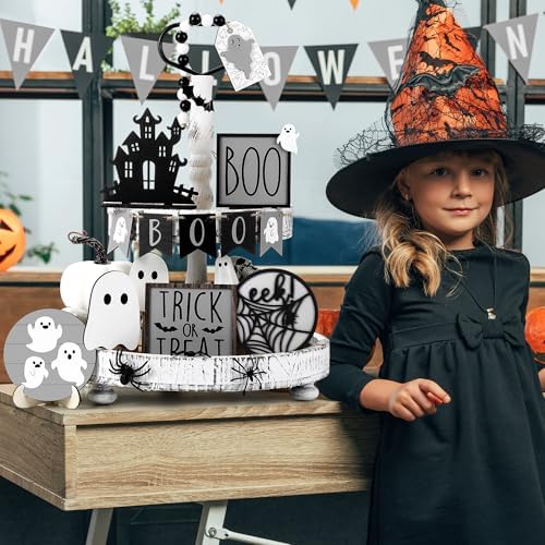 Umigy 15 Pcs Halloween Tiered Tray Decor Gray Ghost Wooden Signs Boo