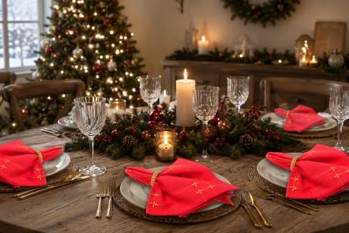 COTTON CRAFT Christmas Cloth Napkins - Set of 12 Red Gold Dinner Napkins