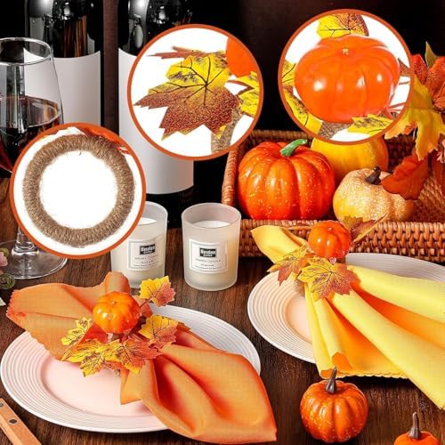 Thanksgiving Napkin Rings Set of 6, Pumpkin Napkin Rings for Holiday Dinner Table Decor, Maple Leaves Napkin Rings for Fall Table Decoration