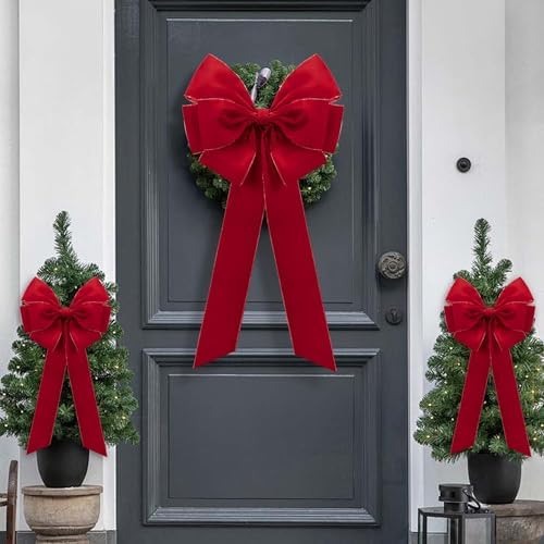 4 Pcs Large Christmas Bow, 35" x 17" Red Velvet Golden Edged Bows