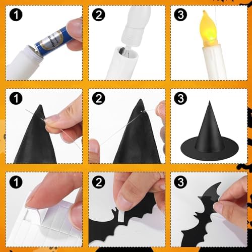 80 Pcs Halloween Hanging Witch Hats and Taper Floating Candles Set
