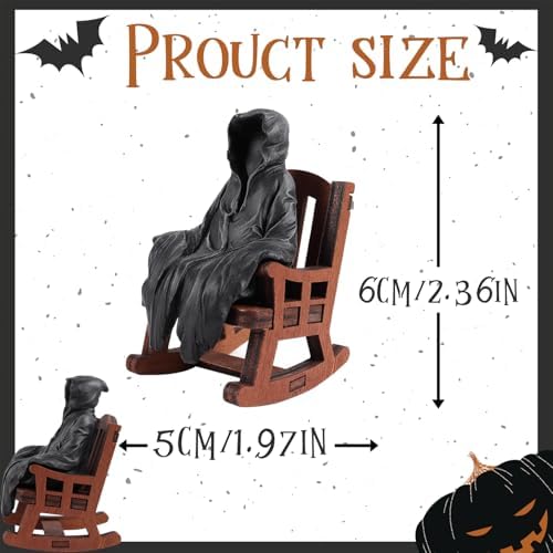 Grim Reaper Statue on Rocking Chair, Cute Miniature The Suriel Decor for Bookshelf, Spooky Goth Decor Home Shelf Sitter Figurine, Funny Resin Knick Knacks for Desk & Office (Black)