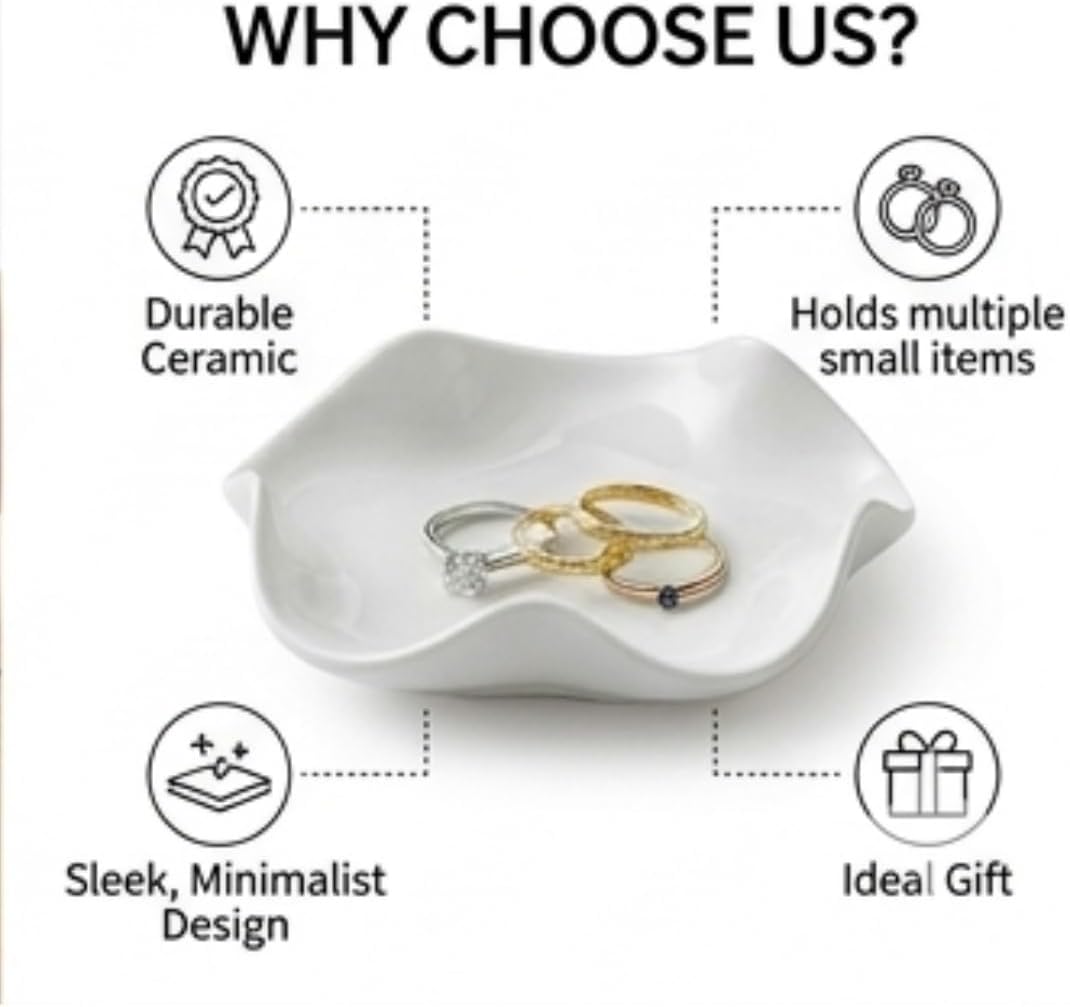 Elegant 5.3" Trinket Tray & Ring Holder Dish / White Ceramic