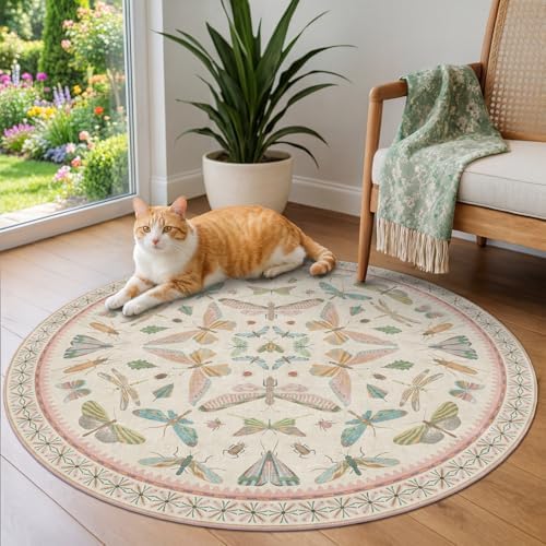 Boho Light Pink Round Rugs for Kids Bedroom - 4 ft Unique Circle Area Rugs for Baby Nursery, Washable Low Pile & Soft
