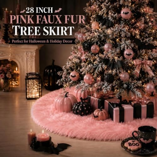 28 Inch Pink Faux Fur Christmas Tree Skirt for Christmas Decorations