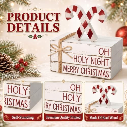 Geelin 4 Pcs Christmas Tiered Tray Decor Wooden Book Stack Signs, Candy Cane Christmas Table Decor, Red White Farmhouse Rustic Centerpieces for Shelf Coffee Bar Office Desk