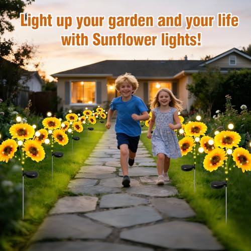 Sunflower Solar Lights Outdoor, 2 Pack Sunflowers with Firefly Lights, Waterproof Solar Flower Lights with 1000mAh Battery for Patio Porch Lawn, Gifts for Mom Women Grandma, Yard Decorations Outdoor