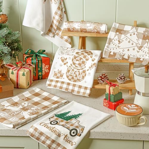 Sratte 6 Pcs Christmas Kitchen Towels Neutral Brown White Plaid Dish Towels
