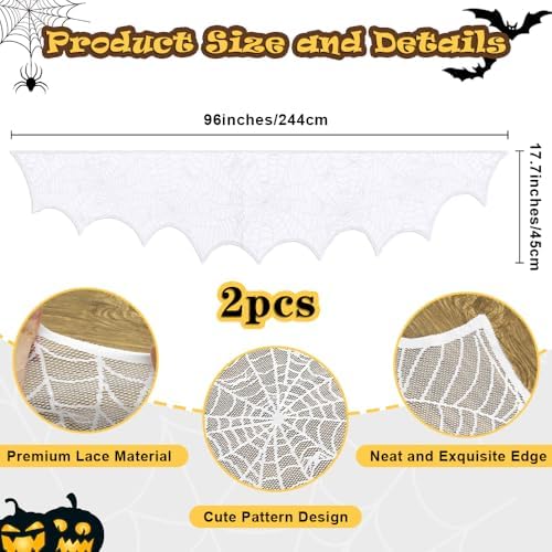 Halloween Mantel Scarf 2 Pcs White Lace Spiderweb Fireplace Mantel Scarf,Halloween Mantel Decor for Cloth Table Runner,Halloween Decorations Indoor Festive Party Supplies 96 x 18 Inch