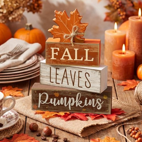 Lineshading 4 Pcs Fall Wood Block Signs Farmhouse Tabletop Decor Pumpkin