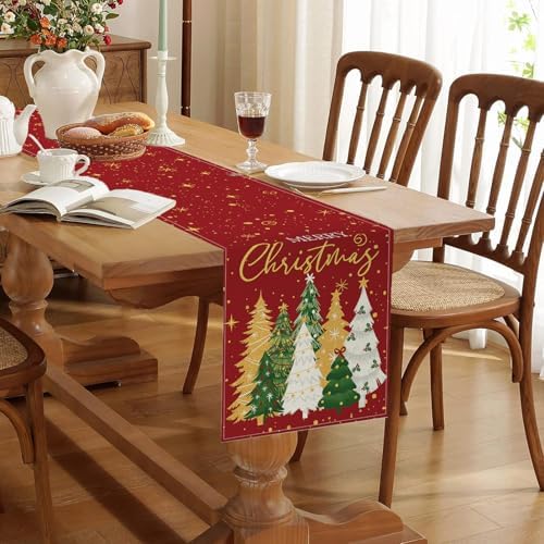 Christmas Decorations - Merry Christmas Table Runner 13x72 Inch,Xmas Trees Snowflakes Table Runner for Holiday Seasonal Winter Decoration Indoor Outdoor Party