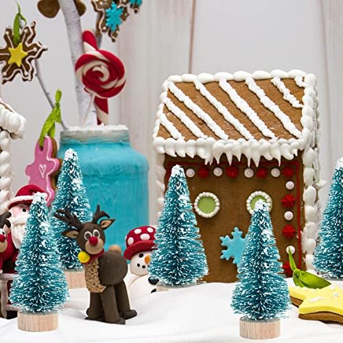 72 Pcs Mini Artificial Christmas Sisal Snow Trees with Wood Base, Blue-Green