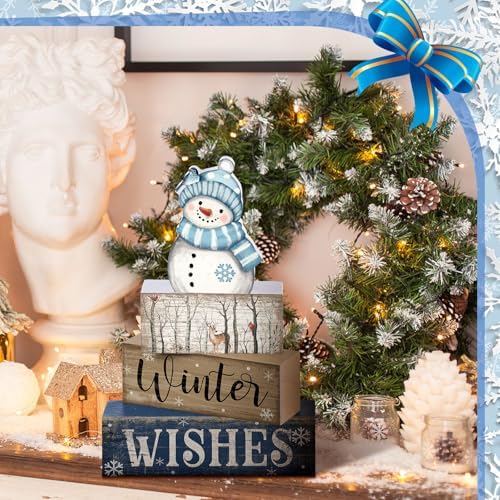 Lineshading 4 Pcs Christmas Table Decor Snowman Wooden Block Signs
