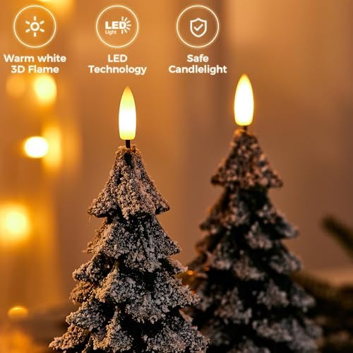 Christmas Tree Candles Covered in Snow with Remote, 2 Pcs Waxy LED Flameless Candles Flickering, Green Electric Candles Battery Operated for New Year Celebration Holiday Decorations 8.5 Inches