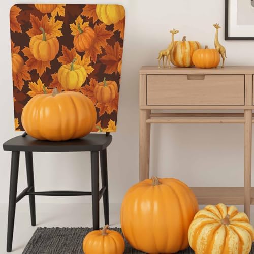 Fall Chair Covers Set of 6 Orange Harvest Pumpkin Chair Slipcover Protector Removable Stretch Chair Covers Autumn Maple Leaf Thanksgiving Chair Back Covers for Dining Chairs Kitchen Holiday Party