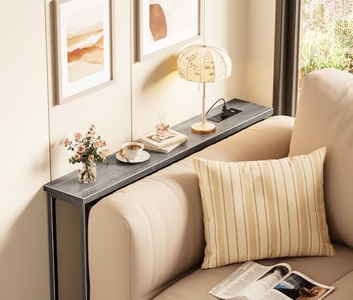 SUPERJARE 39.4 inch Narrow Behind Couch Table with Charging Stations