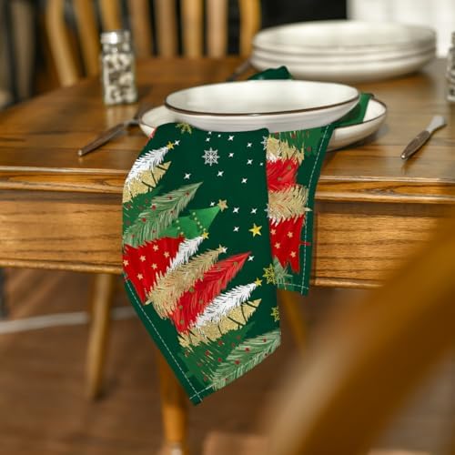 Horaldaily Christmas Cloth Napkins, Pine Tree Stars, Green, Set of 12