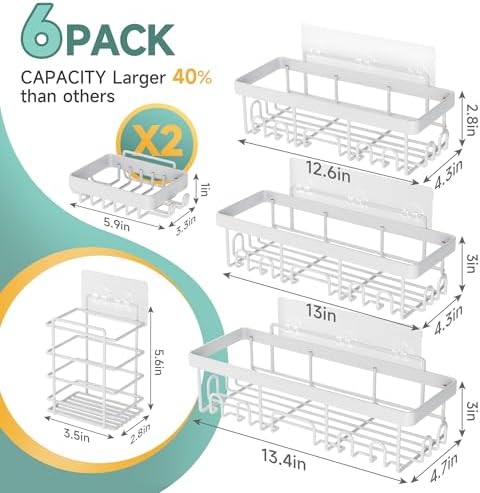 Veken 6-Pack Rustproof&Waterproof Shower Caddy, Adhesive Shelves Rack with Soap Holder, Large Bathroom & Washroom