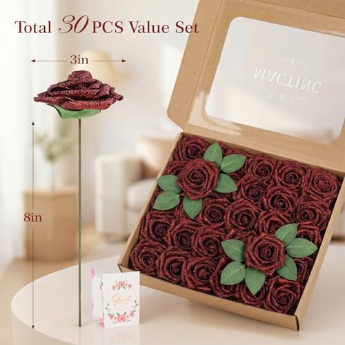 30PCS Red Glitter Artificial Roses with Stems, Real Touch Foam Flowers
