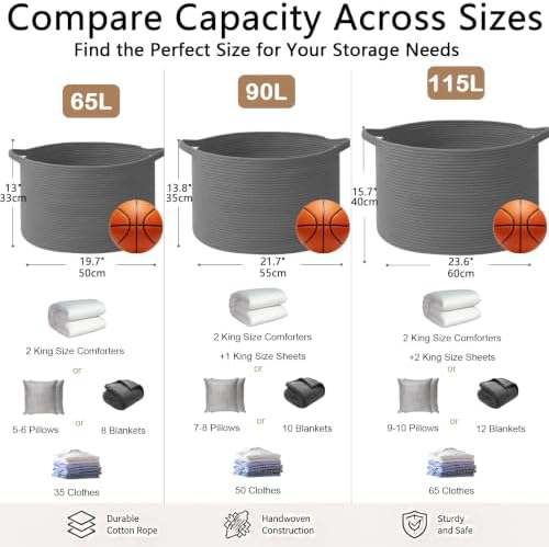 115L Extra Large Blanket Basket,Woven Rope Laundry Basket-Dark Grey