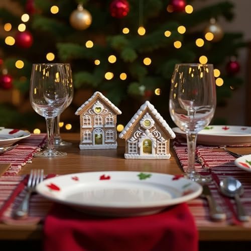 Braxio Indoor Christmas Decorations Gingerbread House Kit 2PCS with LED Light - 3 Inch Miniature Resin Houses for Indoor Home Decor, Family Room Aesthetic