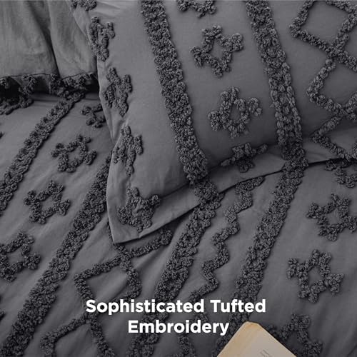 Bedsure Tufted Boho Comforter Set Queen Size - Dark Grey Boho Bed Set, GentleSoft™ 3 Pieces Farmhouse-Style Embroidery