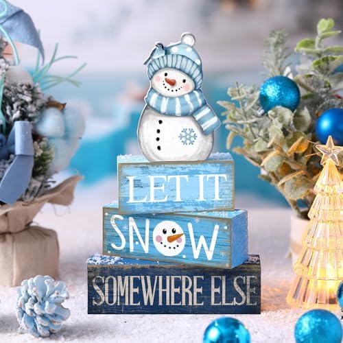 Lineshading 4 Pcs Wooden Snowman Tiered Tray Decor Block Signs Winter