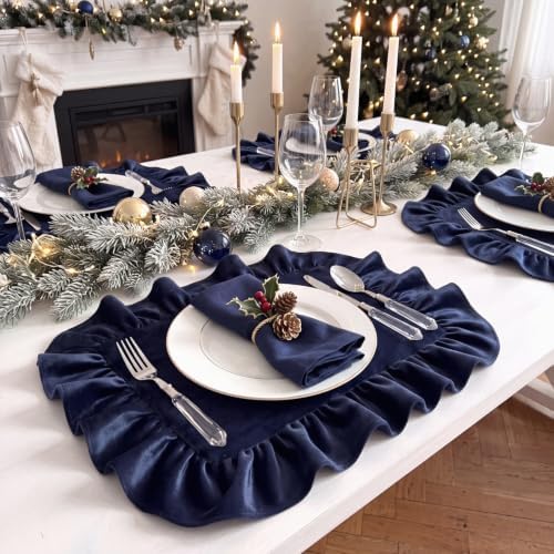 FoldTier 6 Pcs Christmas Navy Blue Velvet Rectangle Placemat with Ruffles