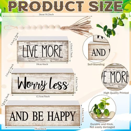 Moucuny 4 Pcs Inspirational Farmhouse Table Decor Rustic Stacked Wooden Block Sign - Live More Worry Less Be Happy