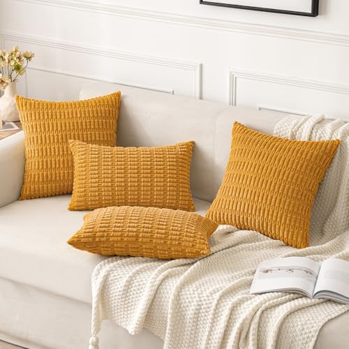 MIULEE Corduroy Decorative Throw Pillow Covers 16x16 Gold Yellow Pack of 2