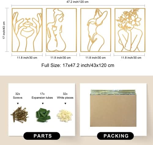 Glamativity 4 Pack Gold Wall Art Decor, Minimalist Single Line Real Metal Wall Art, Woman's Body Shape Abstract Wall