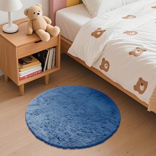 OLANLY Blue Round Rugs for Bedroom - Machine Washable, 2 ft Circle Area Rugs for Living Room, Soft and Fluffy Shaggy