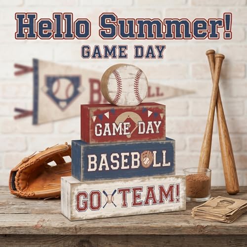 Britimes Tiered Tray Decor Set, 4 Pack, Wooden Table Sign, Baseball Sports
