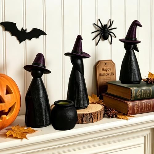 NEROSUN 4 PCS Halloween Witches Cauldron Figurine, Resin Miniature Scary Witches Tabletop Ornaments, Lighted Cauldron Ornaments for Indoor Outdoor Fireplace Shelf Home Halloween Party Decor Supplies