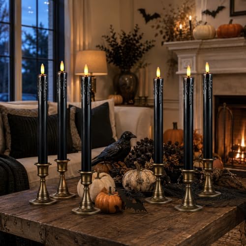 Lezonic Black Flameless Taper Candles Battery Operated with Remote, Long LED Candlesticks Flickering Real Wax Set of 6, 9.5 inch Battery Candles with Realistic 3D Flame for Halloween Decorations