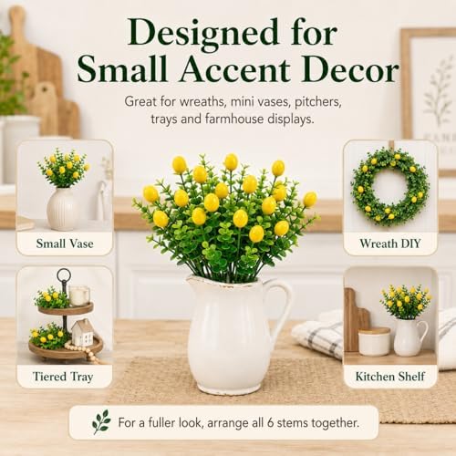 6 Pcs Artificial Lemon Branches Small Artificial Fruit Lemon Tree Greenery Decoration Faux Lemons Picks for Farmhouse Kitchen Home Table Decor Stem Fruits for Home Spring Summer Decor