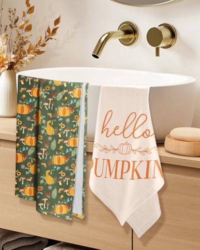 Miss Adola Fall Flour Sack Kitchen Towels Set of 2, Mushroom Pumpkin