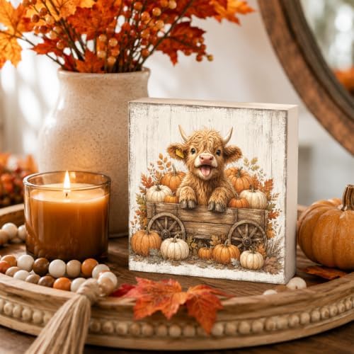 Fall Decorations for Home Highland Cow Pumpkin Wood Sign Fall Decor 5x5Inch