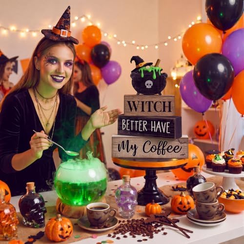 Lineshading 4 Pcs Halloween Coffee Table Decor Witch Cauldron Wooden Signs