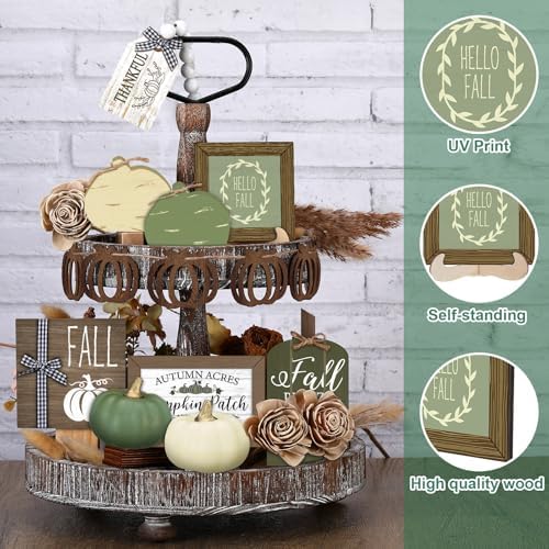 Reallnaive 18 Pcs Fall Thanksgiving Tiered Tray Decor Set Pumpkin Buffalo Plaid Wood Sign Hello Fall Rustic Farmhouse Neutral Tray Decoration Tabletop Sign for Autumn Home Kitchen Festival(Sage Green)
