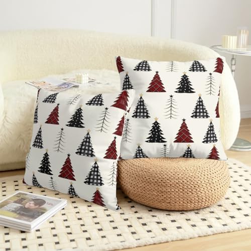 Buffalo Plaid Christmas Tree Pillow Covers 22x22 Set of 2 Red Black and White Xmas Decorative Outdoor Throw Pillow Cases Seasonal Farmhouse Cushion Case Winter Holiday Decor for Sofa Couch