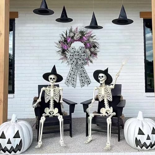 1 Pcs Large Halloween Wreath Bow - 17.8" x 9.8" Spooky Skeleton Wired Bow, Black White Skull Gothic Decorative Burlap Bows for Front Door, Tree Topper & Party Decor (Black Skeleton Bow)