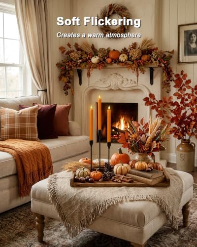 Homemory 6 Pcs Real Wax Flameless Taper Candles, 9.6 inch Dripping Orange LED Candlesticks with Flickering Flame, Battery Operated with Remote and Timer for Autumn Home Window and Table Decor