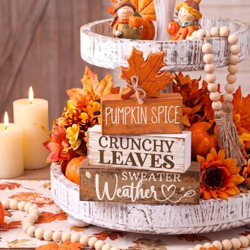 Moucuny 4 Pcs Fall Wooden Tiered Tray Decor Rustic Farmhouse Signs