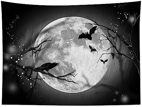 LB Halloween Full Moon Tapestry, Horror Black Crow with Bat on Grey and Black Night Sky Wall Tapestry for Bedroom, Creppy Bat Wall Hanging Tapestry Wall Art for Living Room Home Decor, 92.5 x 70.9