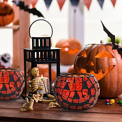 SHMILMH Halloween Candles Holder Set of 4, Grimace Tealight Holders, Handmade Mosaic Pumpkin Glass Votive Candle Holders for Halloween Table Centerpiece Home Decor