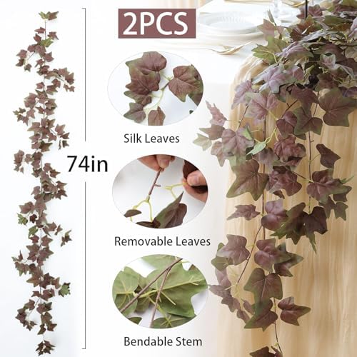 Mizii 2 Strands Artificial Vines Ivy Garland 74" Fake Vine with Silk Green Leaves Faux Hanging Plants Greenery Decoration for Bedroom Home Wall Party Wedding Arch Apartment Room Decor (Purple Green)