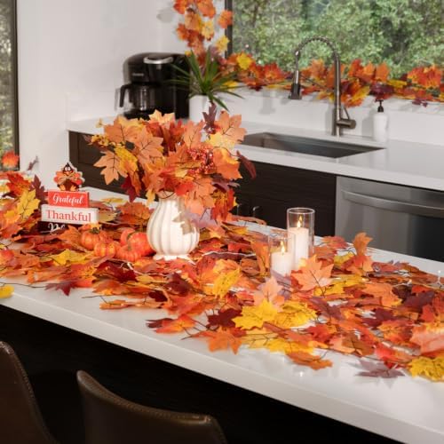 CQURE 9 Pack Fall Leaf Garland, Total 70 Ft Artificial Fall Maple Leaves Autumn Vines Garland Thanksgiving Decor for Home Fireplace Party