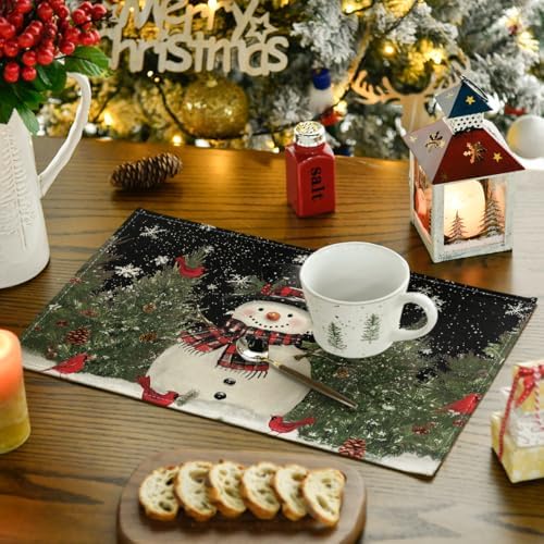 Artoid Mode Snowman Trees Christmas Placemats for Dining Table, 12 x 18 Inch Seasonal Black Winter Birds Xmas Holiday Washable Table Mats Set of 4